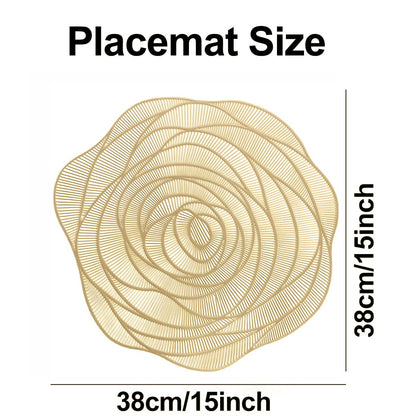 Round Gold Placemats Set of 4 Rose Flower Pressed Vinyl Place Mats Elegant Tablemats Kitchen Table Setting for Wedding Holiday Dining Table Decorative