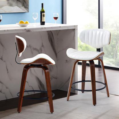 CHIDOCHILO Counter Height Bar Stools Set of 2, 24 inch PU Leather Wooden Bentwood Barstools Swivel Modern Breakfast Bar Chairs with Backrest and Footrest for Kitchen Island, Dining Room D035-White-2