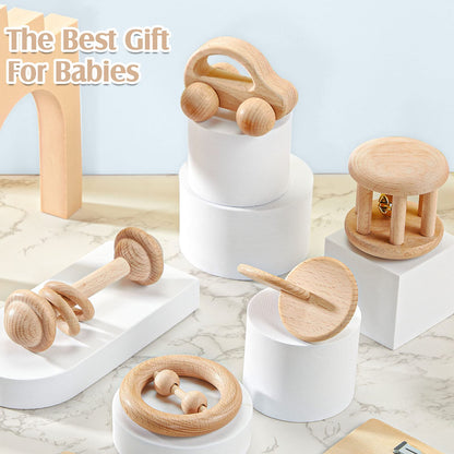 Zhanmai 5 Pieces Wooden Baby Toys Montessori Toys for Babies 0-6-12 Months Toy Rattles with Bells Baby Push Car Wooden Newborn Toy for Toddlers 1-3 Years Old Infant Boys and Girls Gifts