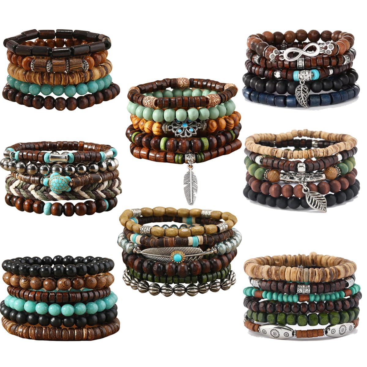 SONNYX 43Pcs Punk Wooden Beads Bracelets Gothic Bracelet for Men Adjustable Vintage Beaded Bracelet Metal Set Wood Bangles Wristbands Commemorative Gift