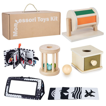 Starrykids Montessori Toys for Babies 0-6 Months, 6 in 1 Learning Educational Set for Newborn, Toddlers Gifts Includes Spinning Drum, Object Permanence Box, Baby Roller Tummy Time Mirror and More