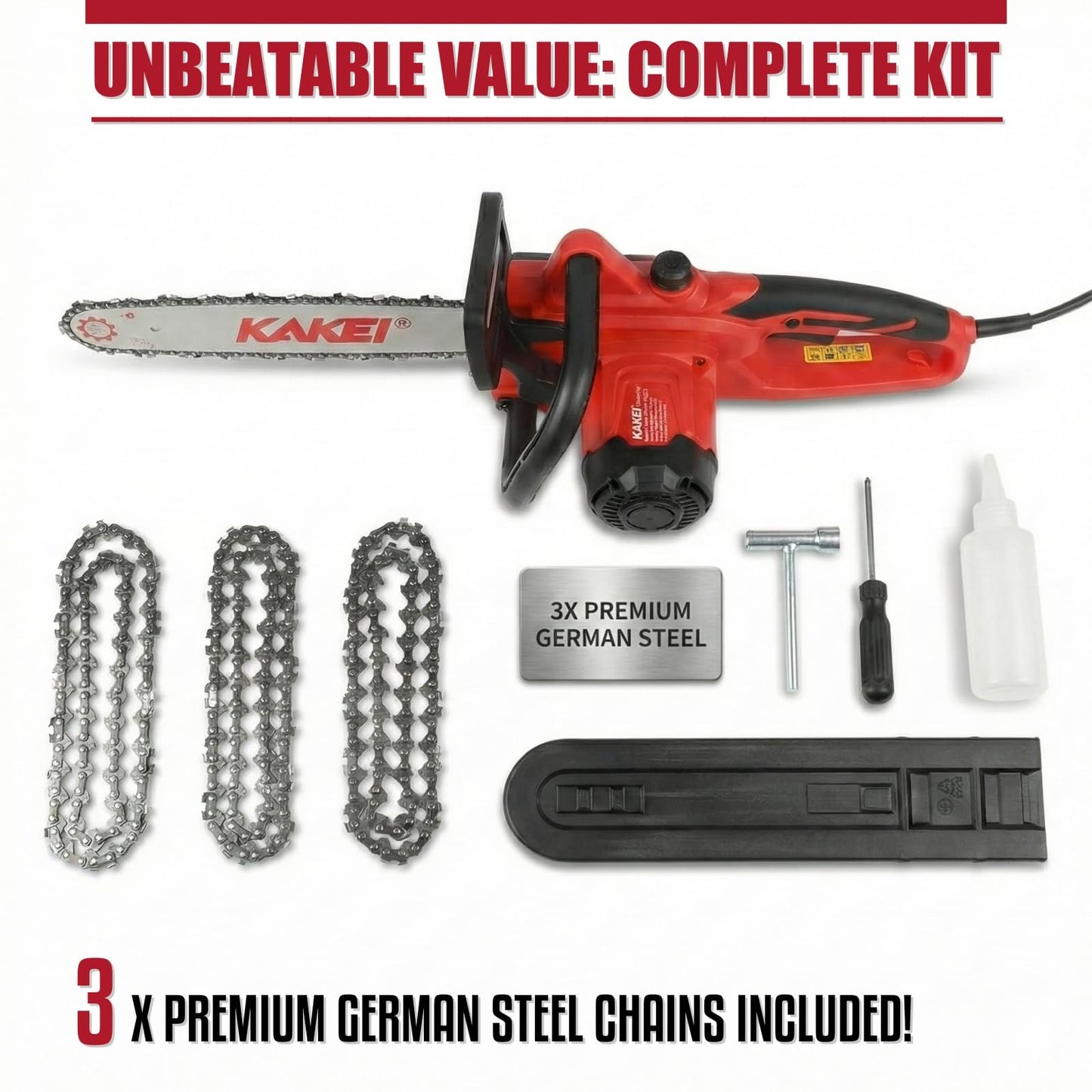 KAKEI 16-Inch 15-Amp Electric Chainsaw, 2200W Peak Power Corded Chain Saw with 3 German Steel Chains for Heavy Duty Wood Cutting