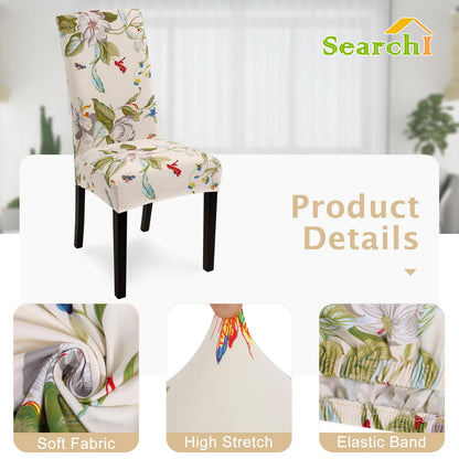 SearchI Chair Covers Slipcovers Set of 4, Spandex Super Fit Stretch Removable Washable Kitchen Parsons Protector for Dining Room,Hotel,Ceremony,Beige+Flowers