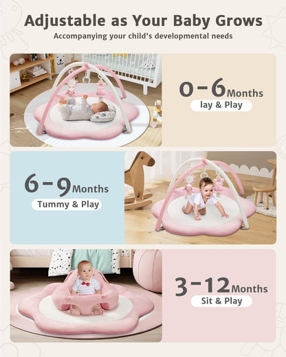 3-in-1 Baby Play Mat, Baby Seats for Infants for Sitting Up, Tummy Time Mat with 5 Detachable Toys, Activity Gym & Playmats for Babies 0-6 6-12 Months, Newborn Babies Shower Gifts