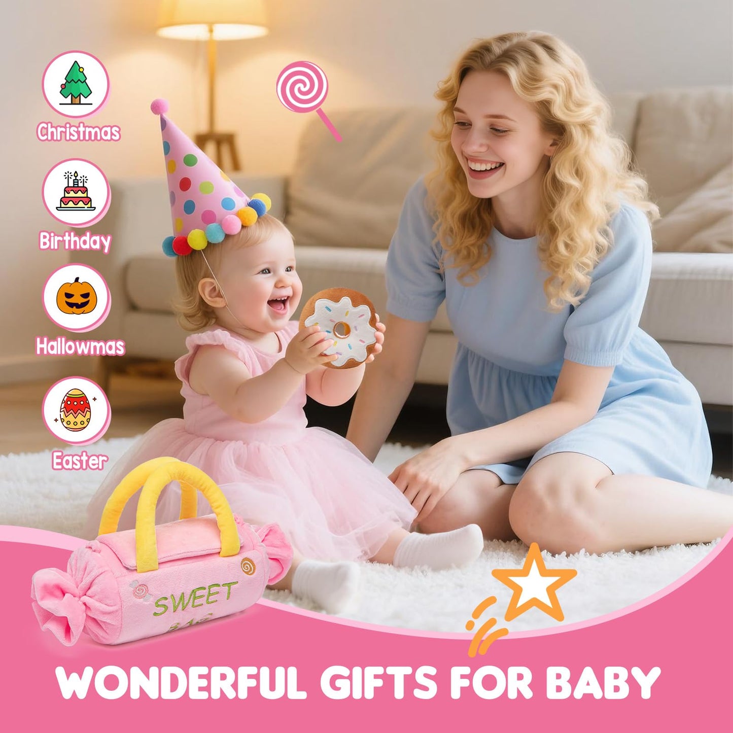 GNAYUIJ Baby Toys 6-12 Months,My First Candy Bag Plush Toy-5 Sensory dessert Soft Toys with Rattle, Crinkle Paper, Squeaker, Mirror,Busy Montessori Soft Toys for Toddlers,1st Birthday for Babies Girls