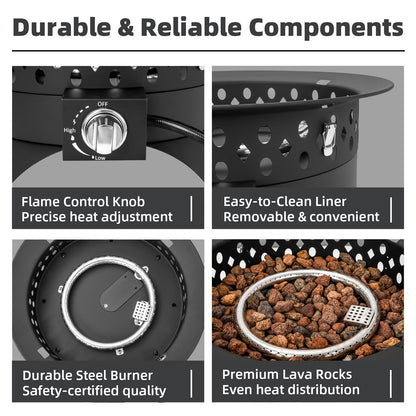Breezz 20 Inch Propane Fire Pit with Grill, 60000 BTU Smokeless Gas Firepit for Outside Patio,with Foldable Cooking Grate & 7 lbs Lava Rocks, Adjustable Flame, Outdoor Camping BBQ