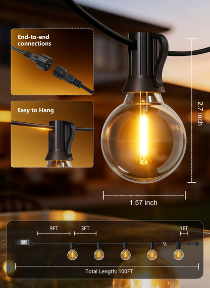 Outdoor String Lights with Remote, 100Ft Outside Waterproof Light with Dimmable G40 LED Bulbs, Shatterproof Connectable Hanging Patio Lights for Porch, Backyard, Bistro, Deck, Balcony, Home Decor