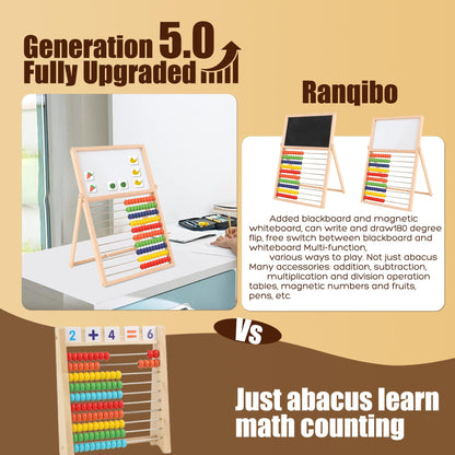 Ranqibo Wooden Abacus for Kids Math - Double-Sided Blackboard Whiteboard Magnetic Abacus with 100 Magnetic Number & Fruit Stickers - Educational Counting Games Kids Gift