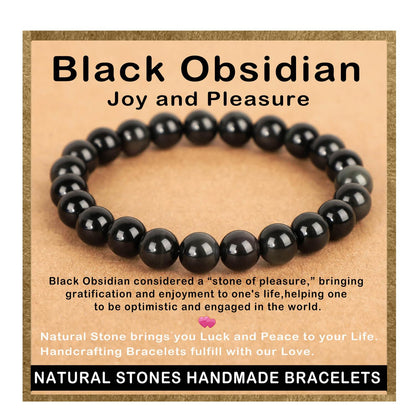 AD Beads Handmade Gemstone Stretch Elastic Bracelet Crystal Healing Reiki Nature's Beauty and Spiritual Essence Unisex (8mm, Black Obsidian (Pleasure))