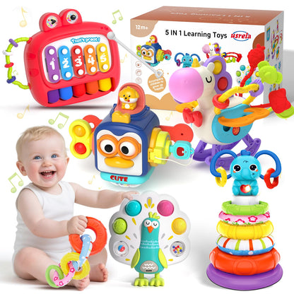 usrela 5 in 1 Baby Toys for 12 18 Month, Learning Toy for Babies 12-18 Months, Baby Busy Cube, Stacking&Sensory, Pull String&Piano Xylophone Toy, Birthday Gift for 12+ Month