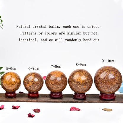 JIC Gem Reiki Healing Crystals Sphere Ball Natural Golden Silk Jade Gemstone with Decorative Stand Home Decoration (50-60mm)