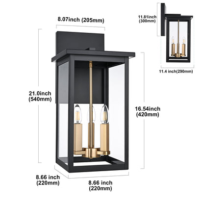 MELUCEE 3-Light Black Outdoor Wall Light Fixture, 16.5" Large Exterior Porch Light Wall Mount Farmhouse Outside Lantern Lights with Clear Glass for House, Patio, Front Door, Porch, Garage