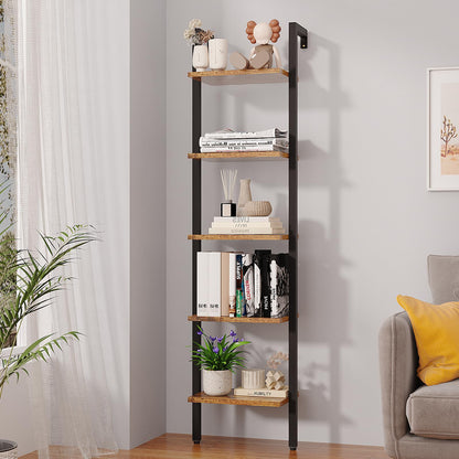 YMYNY 5 Tiers Ladder Bookcase, Industrial Wall Mounted Bookshelf, Open Display Rack with Metal Frame, Wooden Storage Shelves for Bedroom, Home Office, Plant Stand, Rustic Brown, 70*17.3*11.8"UHBC015H