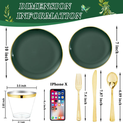 WDF 300Pcs Green Plates Disposable - Heavy Duty Green Plates - 50Guest Green Plastic Dinnerware Include 50 Dinner Plate, 50 Dessert Plate, 150 Cutlery & 50 9oz Cups for Parties/Wedding/Party