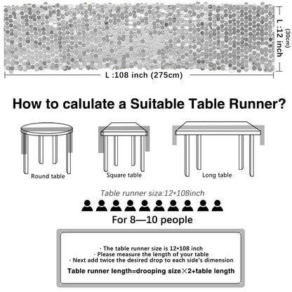 Yblut 12 x 108 Inch Silver Sequin Table Runner Glitter Rectangle Big Sequin Table Runner for Wedding Party Birthday Christmas Halloween Decoration (1 Pack)