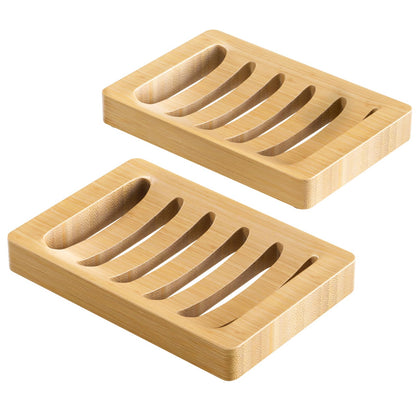 AmazerBath Soap Holder Soap Dish, Bamboo Soap Dish, 2 Pack Wood Bar Soap Holder for Shower, Trays Self Draining, Soap Saver for Shower, Bathroom, Kitchen(Natural Color)