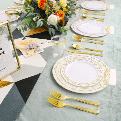 COLOSUS 175pcs Disposable Gold Plastic Plates and Silverware set Include Plastic Dinner Plate/Dessert Plate/Gold Silverware/Cup/Napkins 25pcs of each, New Year Dinnerware Set for 25guests.