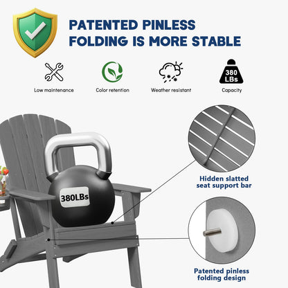 Plawdlik Folding Adirondack Chair, SGS Tested, Wooden Textured with Cup Holder, Heavy All-Weather HDPE Comfortable Set Poolside Backyard Lawn Grey