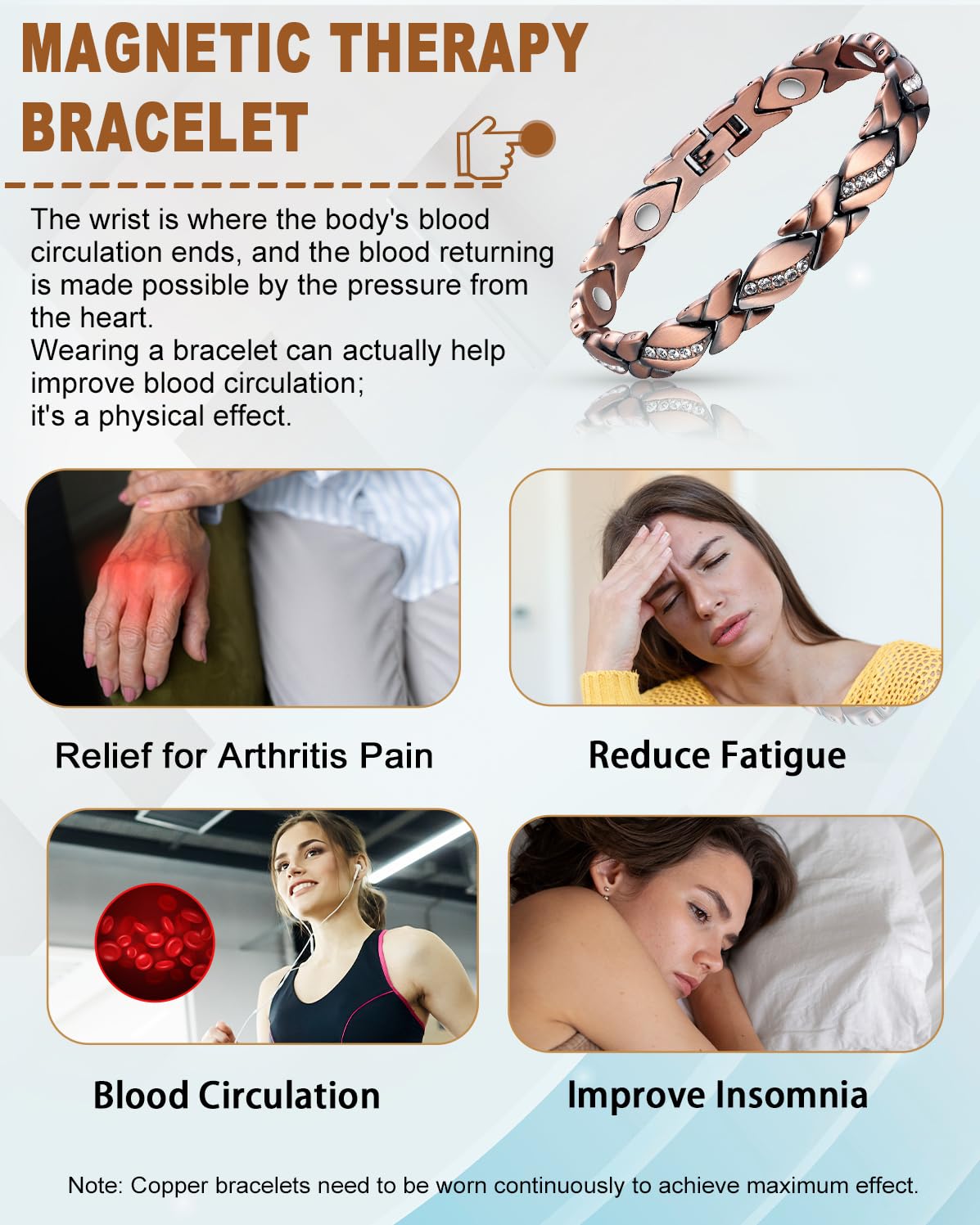 MagVIVACE Pure Copper Bracelet for Women, Magnetic Bracelets with 3500 Gauss Magnet(C)