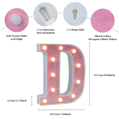 Light Up Pink LED Letters Glitter Alphabet Letter Sign Lights， Battery Powered for Night Birthday Party Wedding Girls Gifts Home Bar Christmas Decoration, Pink Letter D