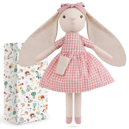 Mikee Fluffie 15" Bunny Stuffed Animal for Girls, Plush Toy Doll -Wearing Pink Plaid Dress,Cute Doll Set Dress Up for 3 4 5 Year Old Girl - Gift for Little Girl, Birthday, Easter,Christmas