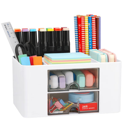 Desk Organizer with 2 Drawer, Plastic Desktop Pen Pencil Card Holder Storage Box for Desk, Office Supplies, Vanity Table Office School Home (White)