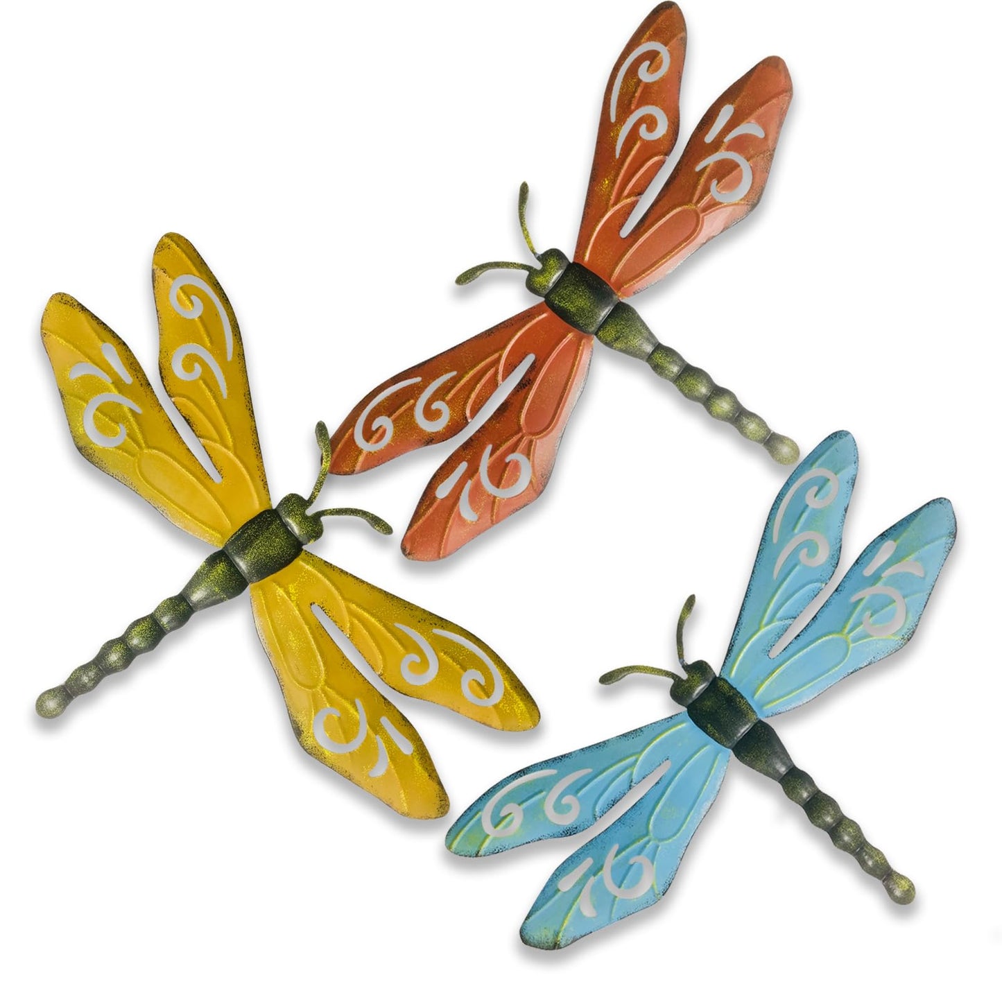 PLASUPPY Metal Dragonfly Wall Decor Outdoor Garden Fence Art Hanging Decorations for Patio, Yard, Indoor Home, Living Room, Bedroom, 3 Pack