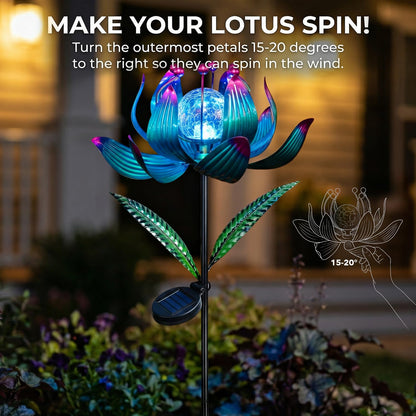Solar Wind Spinner Outdoor Metal - Kinetic Lotus Flower Garden Sculptures & Spinners with Crackle Glass Lighting, 360° Spinning Yard Art Decor for Patio, Lawn, Pathway, Gifts for Women