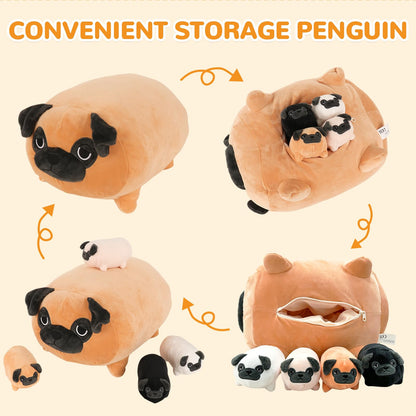 MMguai 16 Inch Large Pug Stuffed Animals with Babies, Mommy Pug Dog with Puppies Inside Belly,Soft French Bulldog Pillow Plush Toy Plushie Gift for Kids Boy Girl, Brithday Decor