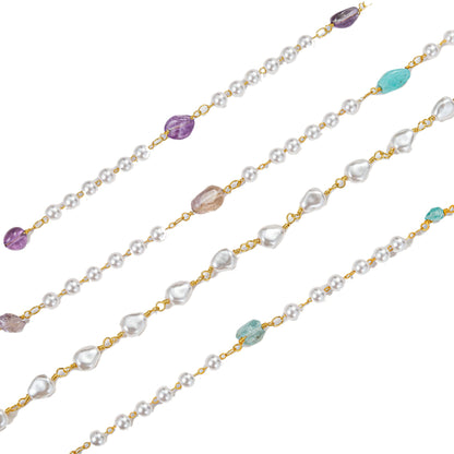 YoungJewl 2 Yards 5 mm Faux Pearl Crystal Stone Rosary Beads Garland with Brass Chain for Jewelry Making DIY Bracelet Necklace Sewing Crafts(Purple)