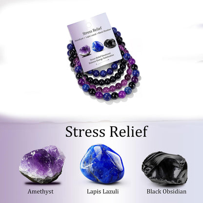 Naupyal 4pcs Natural Stone Beaded Bracelets for Women Men,Healing Crystal Gemstones Stretch Bracelet,8mm Amethyst Lapis Lazuli Black Obsidian Bracelet Gemstone Stress Relief Spiritual Jewelry Gifts