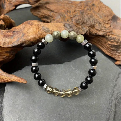 TUQBA Manifestation and Protection Beaded Crystal Bracelet for Men and Women Natural Stone Jewelry with Onyx, Smoky Quartz, Pyrite, Labradorite Mothers Days Gift, Christmas, Baptism, Birthday