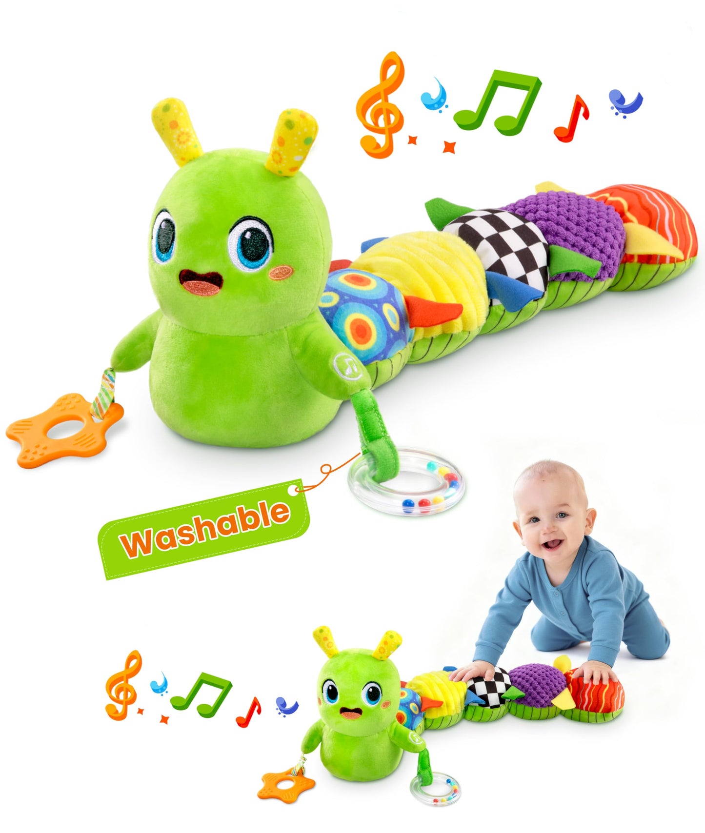 Baby Toys 0-6 Months, Washable Baby Musical Caterpillar Toys with 10 Children's Songs,Rattles,Teething Toys,Suitable for 0-6, 6-12 Months Infant Tummy Time Toy,Newborn Baby Boy&Gril Toy(Green)