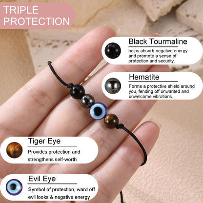 Miss Pink Evil Eye Bracelets Triple Protection Bracelet fro Women Men, Evil Eye Jewelry Triple Threat Natural Healing Crystals Beads Charm Empath Protection Chakra Bracelets Hematite Stone (TP)