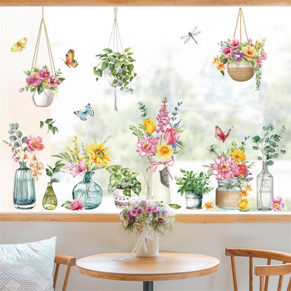 decalmile Potted Plants Window Clings Flowers Plants Easter Window Decals Anti-Collision Glass Doors Window Stickers