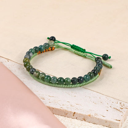 LPBeads 6mm Moss Agate Bracelet with Handmade Rope Bracelet Size Adjustable Natural Stone Crystal Healing Bracelets Gifts for Unisex Adults