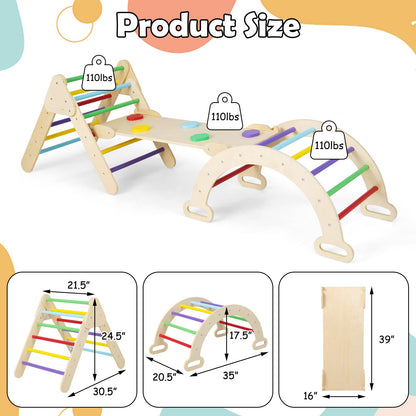 Olakids Pikler Triangle Set 7 in 1 Climbing Toys for Toddlers 1-3 Inside Foldable Wood Montessori Jungle Gym with Ramp Ladder Arch Slide Baby Climber Indoor Playground