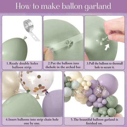 Amandir 173Pcs Dusty Green Purple Pink Balloon Arch Garland Kit, Lavender Pastel Blush Pink Yellow Mist Green Gold Confetti Balloons for Easter Shower Wedding Tea Wildflower Birthday Party Decorations