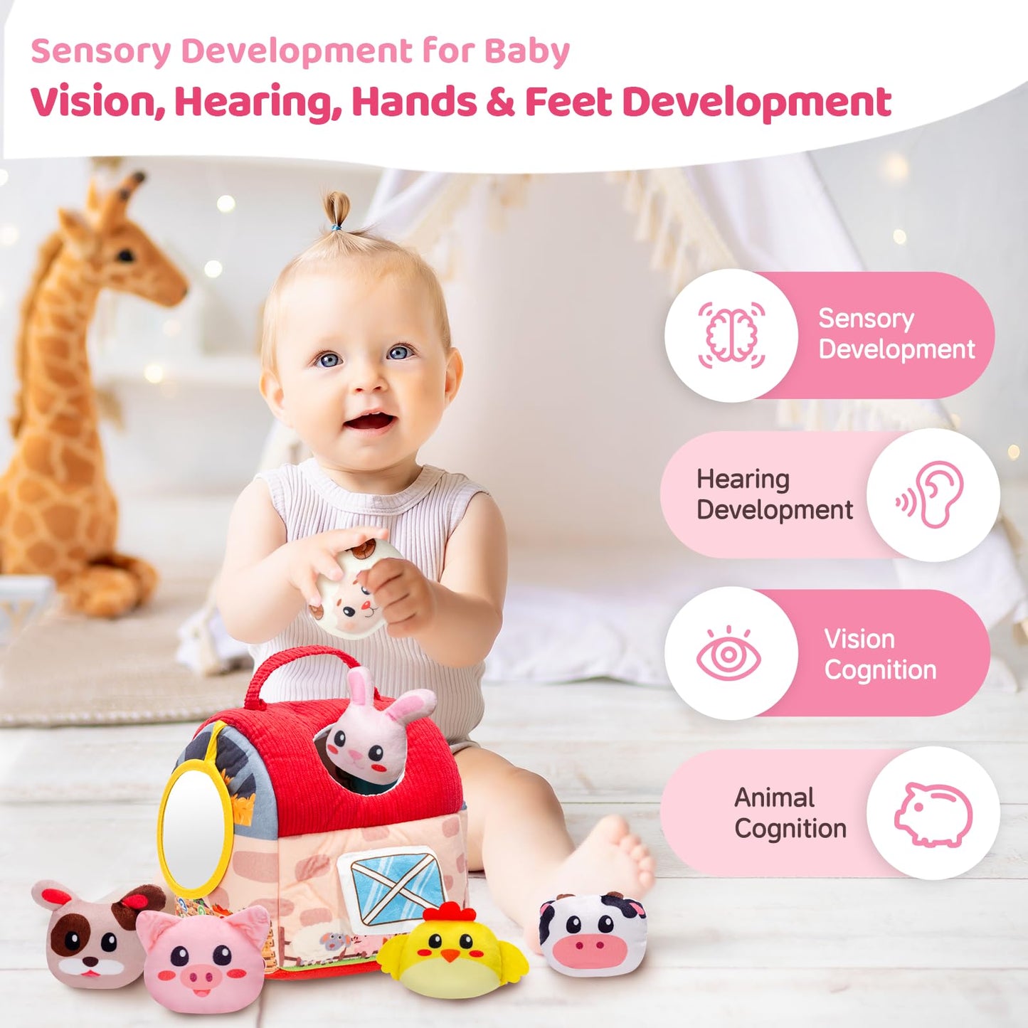 PADONISE Baby Toys 6-12 Months, Montessori Sensory Newborn Toys, Stuffed Farm Animals with Rattle, Mirror, Crinkle Paper, Gift for 6-12 12-18 Months 1-3 Year Old Toddlers Boys Halloween Girls