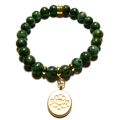 Lotus Flower Healing Crystal Stretch Bracelet with Gold Accents, 8 MM Beads, Handmade in USA (African Turquoise Jasper)