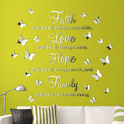 3D Acrylic Mirror Wall Decor Stickers Removable Butterfly Mirror Wall Stickers DIY Faith Makes All Things Possible for Home Office School Teen Dorm Room Decoration(Silver)