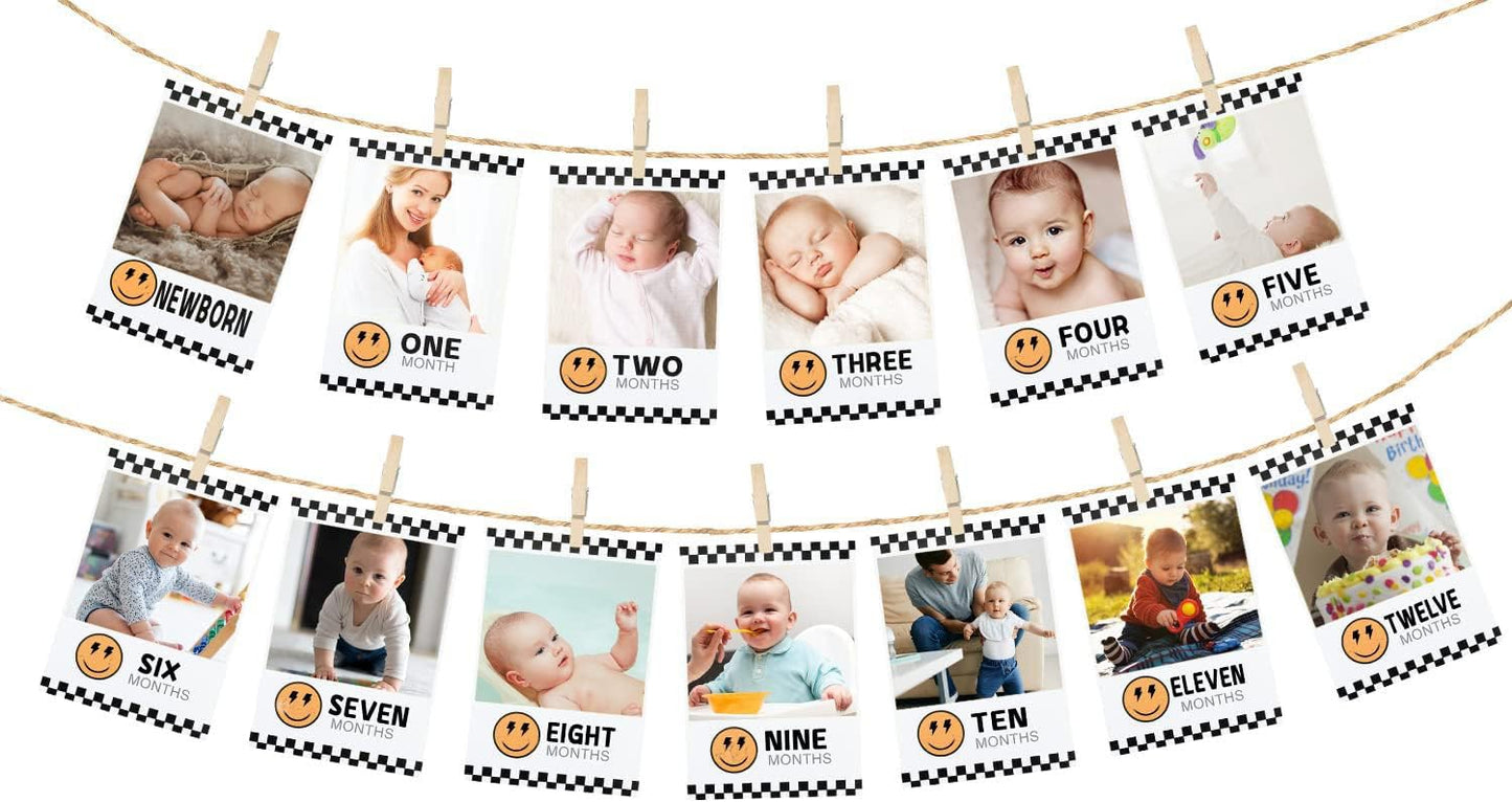 One Happy Dude Baby First Birthday Photo Banner for Newborn to 12 Months Photograph Bunting 1st Birthday Photo Display Garland for Boys Monthly Milestone Party Decor