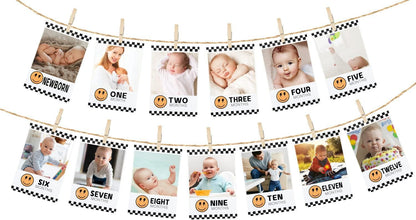 One Happy Dude Baby First Birthday Photo Banner for Newborn to 12 Months Photograph Bunting 1st Birthday Photo Display Garland for Boys Monthly Milestone Party Decor