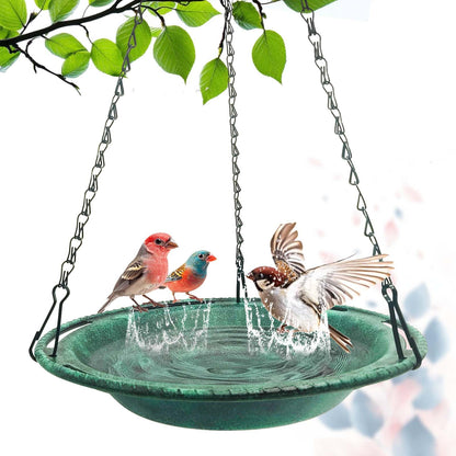 VIHSIPR Hanging Bird Bath & Feeder Bowl, 12 in Outdoor Bird Bath with Chains, Backyard Garden Decor, Durable Weather-Resistant PP, Antique Green – 1 Pack