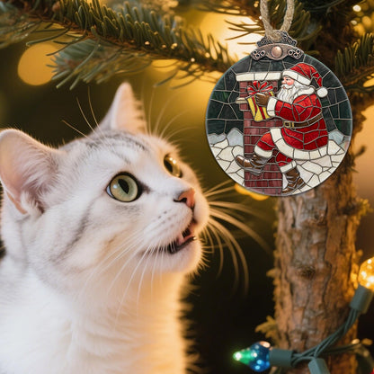 AMDERVEN Stained Glass Christmas Decorations, Santa Claus Delivering Gifts Suncatcher for Window Christmas Tree Hanging Ornaments Sun Catcher Xmas Decor Gifts for Women Men Mom Nana Friend