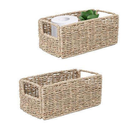 YRMT Small Seagrass Storage Basket Toilet Paper Baskets with Built-in Handles Bathroom Organizer Narrow Baskets for Organizing Toilet Tank 2 Pack (Seagrass)