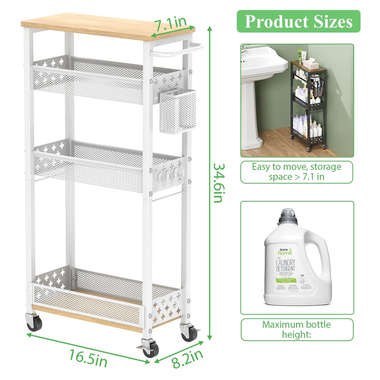 MJIMKE Slim Storage Cart with Wheels - 4 Tier Utility Narrow Rolling Cart with Wood Top, Metal Trolley for Bathroom Laundry Kitchen Organization with Handle, 7.1 inch Wide for Small Space, White