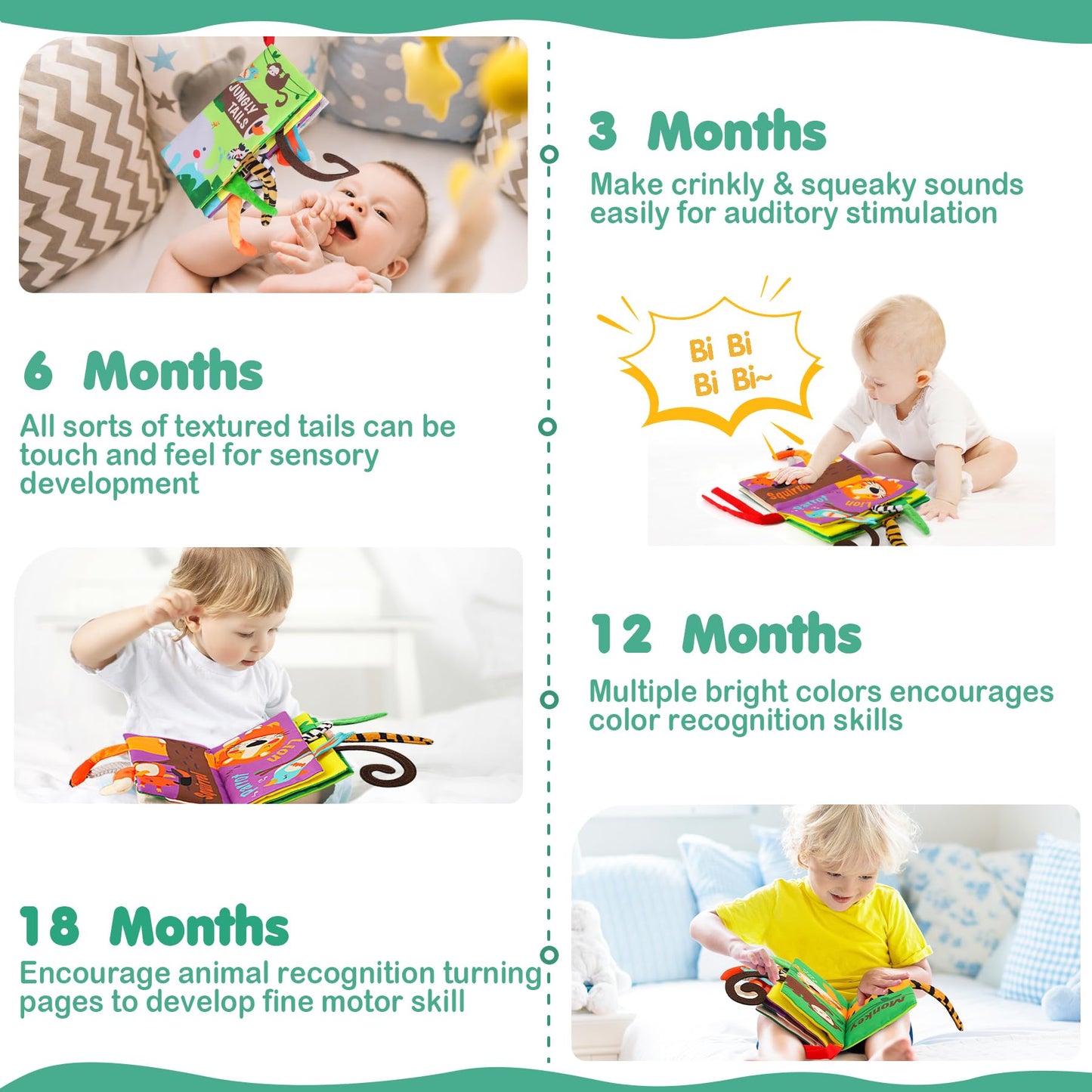 beiens Baby Books Toys, Touch and Feel Crinkle Cloth Book for Infant Baby 0-3-6-12-18 Months, Early Development Interactive Stroller Soft Toys, Newborn Gifts for Boys Girls