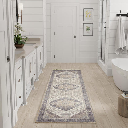 Nourison Home Vintage Washables Ivory Purple 2' x 6' Area Rug - Easy Clean, Non Shedding, Bed Room, Living Room, Dining Room, Kitchen (6' Runner)