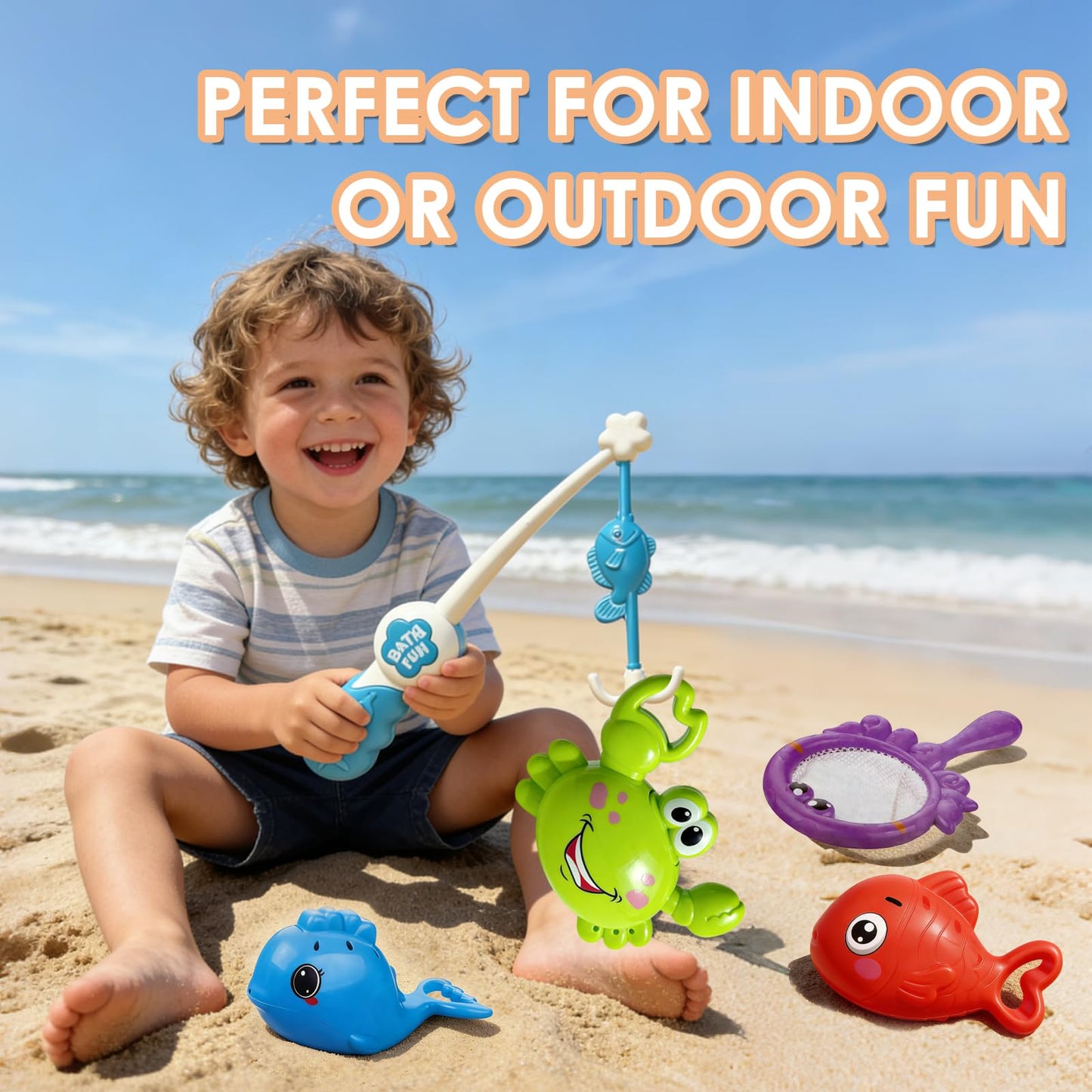 Uermis Baby Bath Toy for Toddlers, Fishing Game Bath Toy with 3 Floating Sea Animals, Fishing Pole & Fishing Net, Fun Bathtub Games for Kids Ages 18 Months+